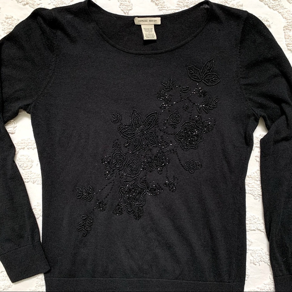 All Black Beaded Sparkly Wool blend top small